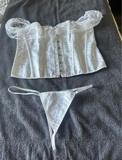 White Satin Floral Corset and Thong Set