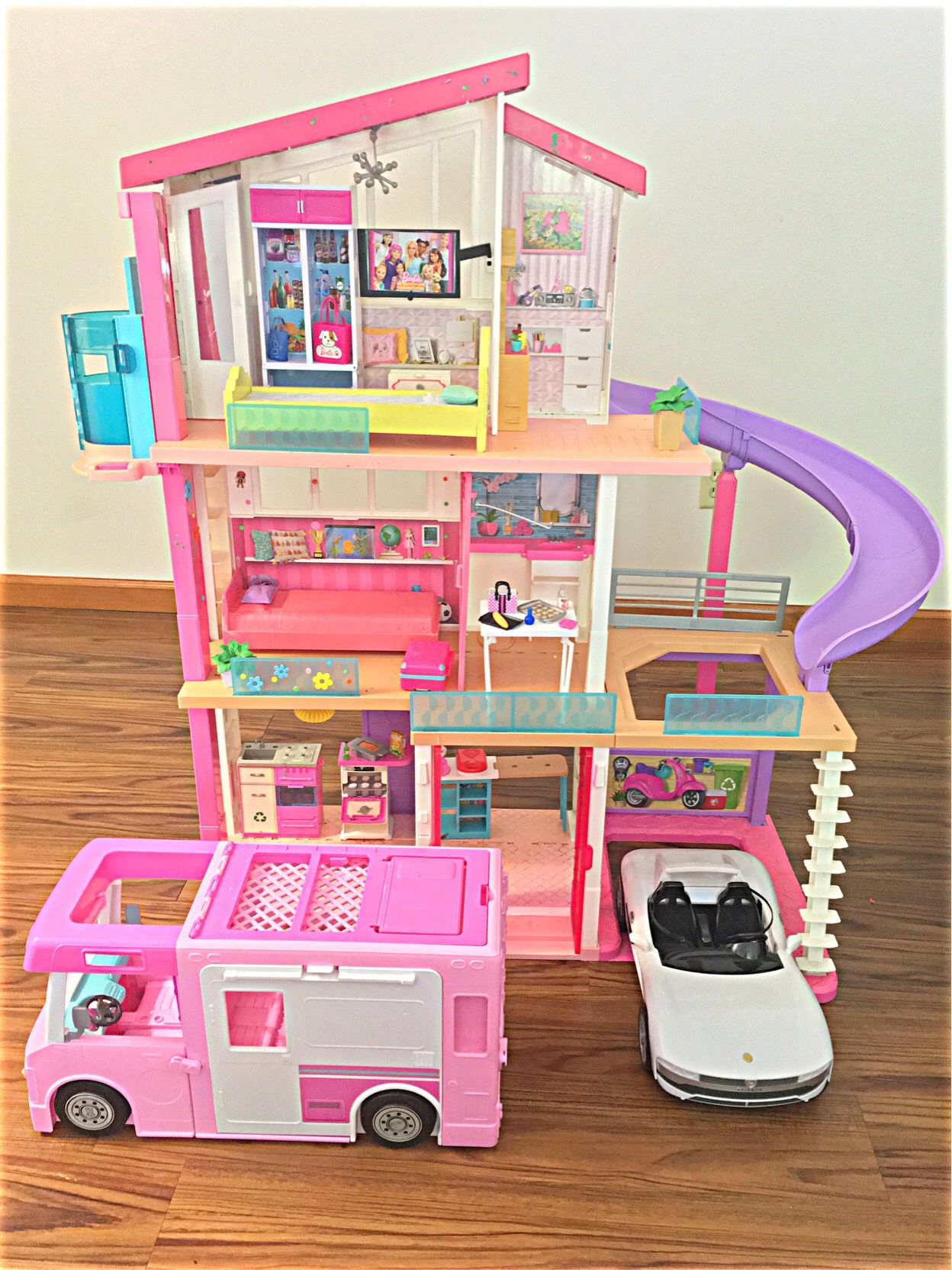 Barbie Dreamhouse Dollhouse + RV + Sports Car Local Pickup Or Local Delivery Fully Assembled Good Condition