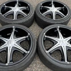 20” 5X115 5X120 Dodge Chevy Ford Chrysler Set Black Machined Rims Wheels Tires 5-Lug