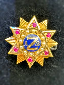 Vintage 10k solid yellow gold ALPHA ZETA OMEGA Tie Clip PHARMACY FRATERNITY 0.11CTW Pearl 0.1CTW Ruby stone Star Brooch