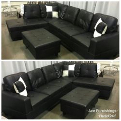 Brand New Black Leather Sectional With Storage Ottoman 