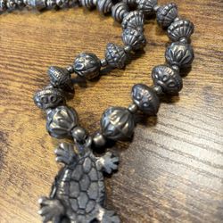Indian Silver Beaded Necklace With Turtle Pendant. Made In India Stamped 