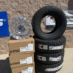 17x8.5 KMC KM555 Machined Wheels + 285/70R17 Falken A/T4W – 6x5.5 – Brand New – Package Deal