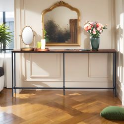 Homy Casa Jamile 71” Narrow Console Table with Charging Station in Vintage Brown