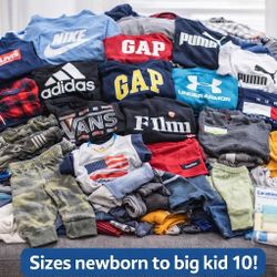 “Baby boy clothes bundles available (newborn up to size 10). Some new, name brands. Too many to list — message me for more!”