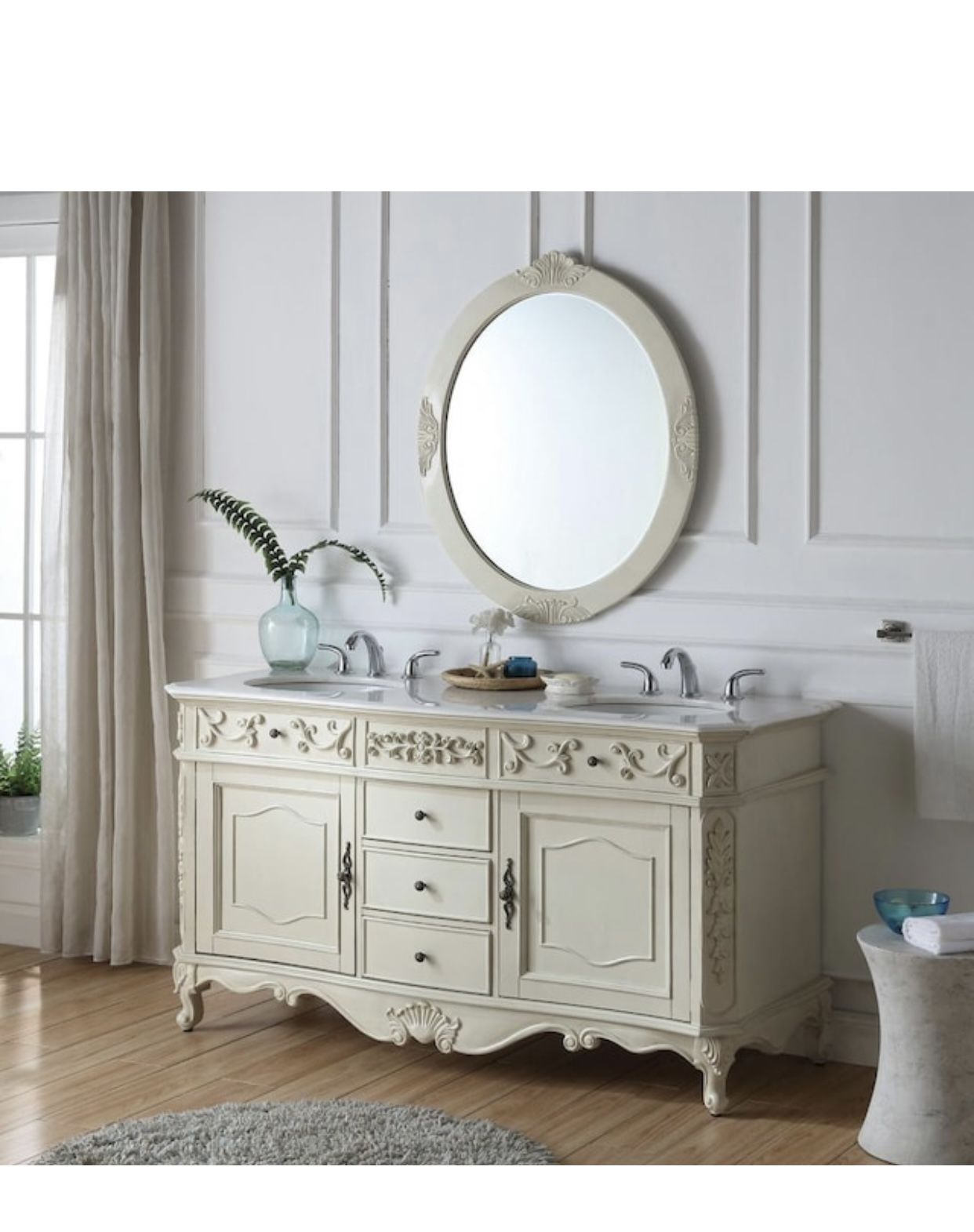 Home Decorators Collection 30 in. W x 38 in. H Framed Oval Beveled Edge Bathroom Vanity Mirror in antique white