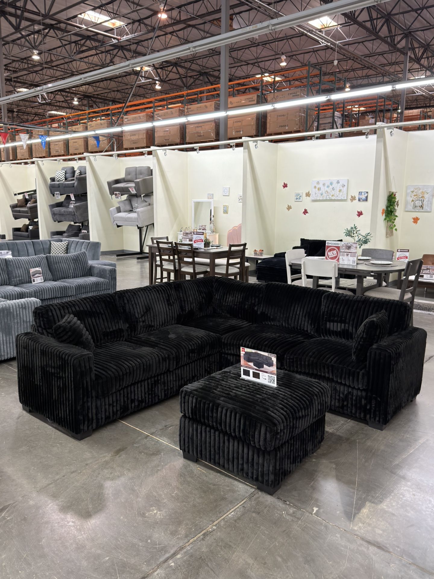 Black Corduroy Thick Fluffy Sectional Sofa Couch With Ottoman