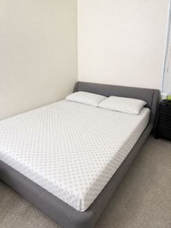 Gray queen sized in linen Upholstered Platform Bed Frame  with mattress  $50 OBO