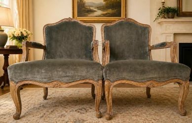 ✨Pair of Park Hill Collection Sage Velvet Wood Armchairs