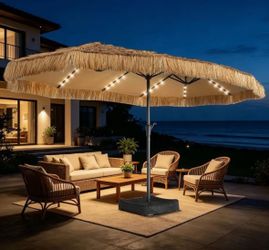 Large Tiki Thatch Patio Umbrella with LED Lights