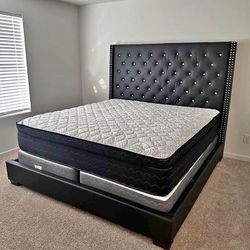 Diamond Tufted Tall Headboard Black King Size Bed Frame
