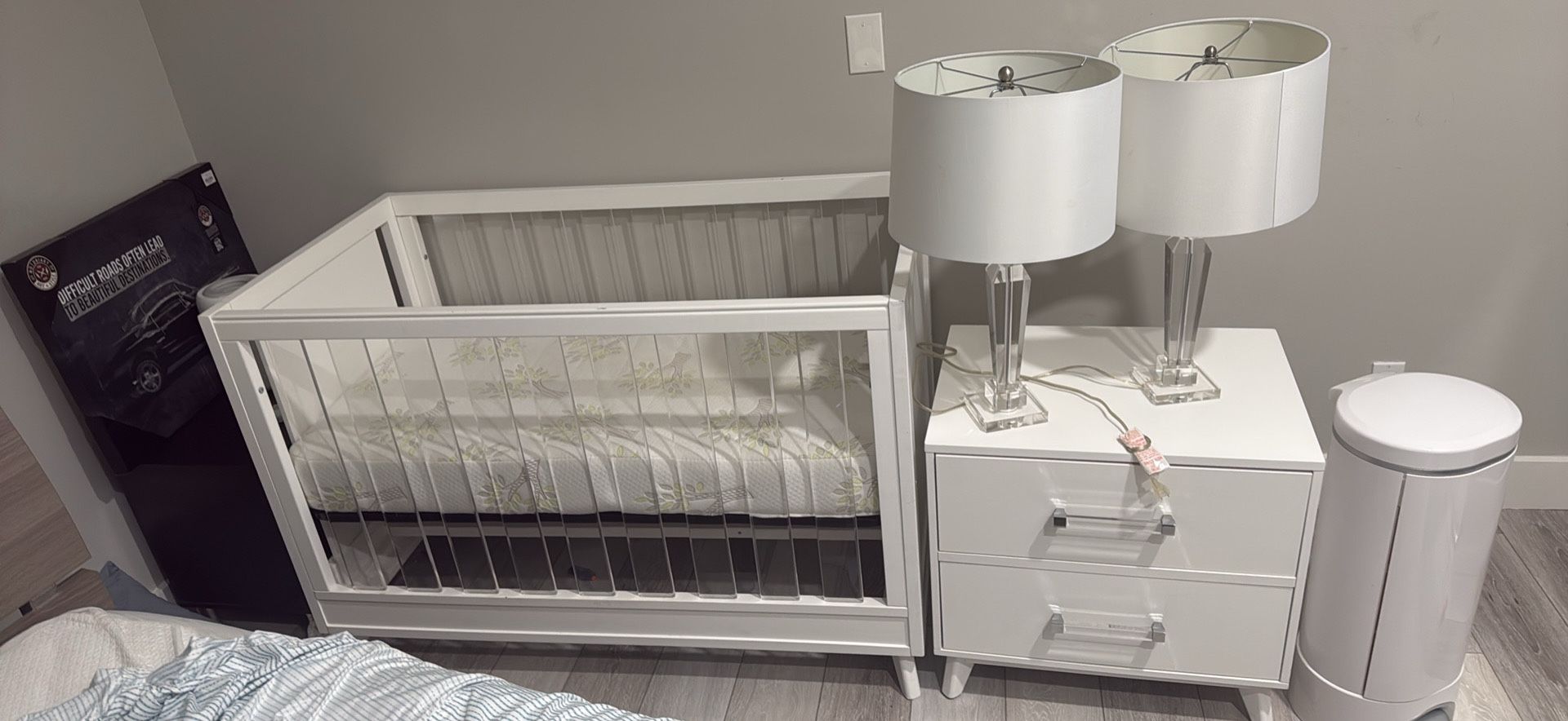Crib, Mattress, Lampshades, Furniture And Diaper Trash Can