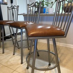 Set Of 3 Swivel Metal Bar Stools With Faux Leather 