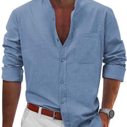 Mens Casual Button Down Long Sleeve Cotton Linen Dress Shirts Regular Fit, Large