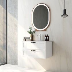 Watnature Modern Wall-Mounted Bathroom Vanity in Classic White with Soft-Close Drawers Sink and Black Hardware 31.5-Inch