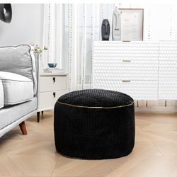 Round Stuffed Pouf Ottoman 20x20x12 Inches Faux Fur Ottoman Foot Rest Under Desk Foot Stool Great for Living Room, Bedroom Small Furniture (Black)