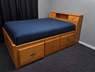 Oak Captain's Bed with Storage and Bookcase Headboard