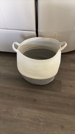 Beautiful white and gray woven cotton rope storage basket with side handles. Measurements in pictures.