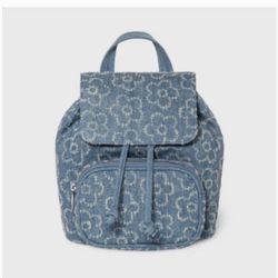 Wild Fable Floral Print Denim Mini Flap Backpack Blue 