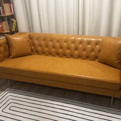 Brown /cognac faux leather modern couch - $400
