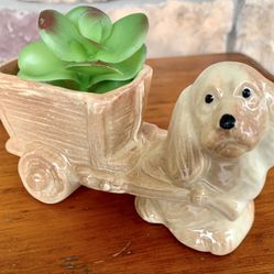 Vintage Ceramic Planter Spaniel Dog Pulling Cart