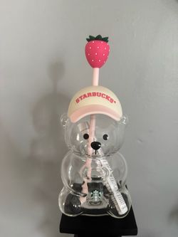 Starbucks Bear Glass Cup with Strawberry Straw