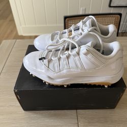 Nike Air Jordan 11 Retro Low GOLF shoes in the 'White Metallic Gold'