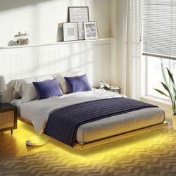 AMERLIFE Queen Size Floating Bed Frame, Queen Bed Frame with LED Lights, Heavy Duty Metal Platform Bed, No Box Spring Needed/Noise Free/Gold