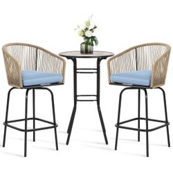 Assembled New Outdoor Bar Stools 3-Piece Set，2 Handwoven PE Rope Patio Bar Chairs