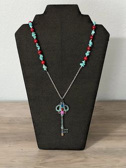 Silver Turquoise Bead Key Vintage Necklace