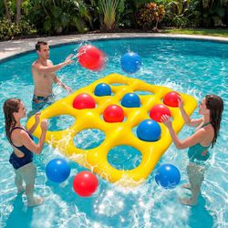 Pool Tic Tac Toe Game Set with 12 Inflatable Balls for Kids/Adults/Teens, Yellow, NEW