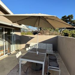 MUST GO Outdoor Furniture: 9 Ft Umbrella, Patio Table, Sofa, Bench & Chairs 