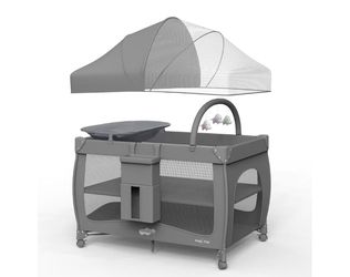 7 in 1 Pack and Play with Bassinet, Portable Crib with Mattress, Diaper Changer, Magic Fold™ One-Step Quick Setup Playard, Mosquito Net, Zipper Door, 