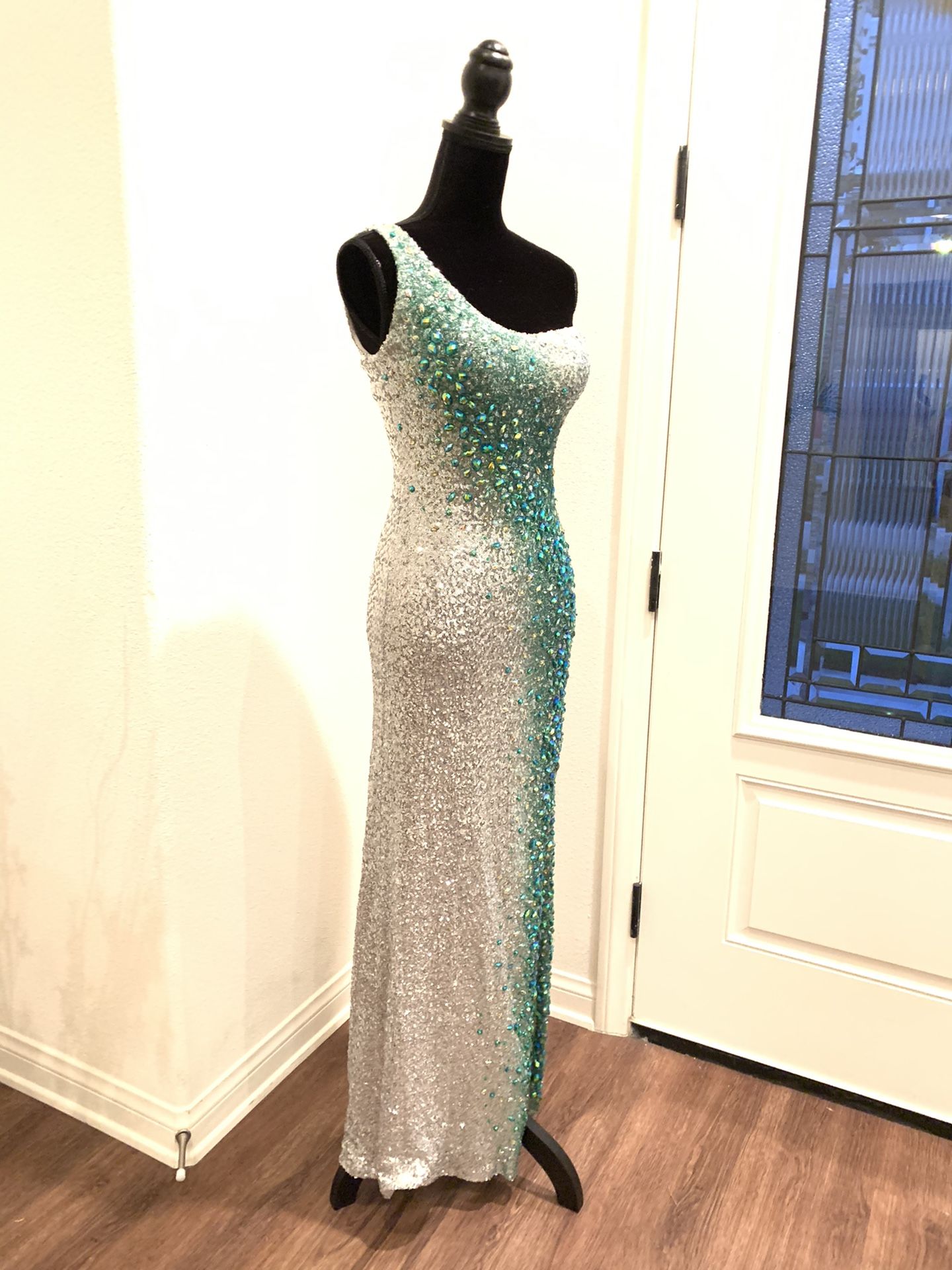 La Femme Maxi, One Shoulder, Silver and Teal Dress
