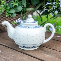 Vintage Chinese Teapot with Rice Pattern, Blue and White Tea Kettle, 1960s Teapot, Free Giftwrap