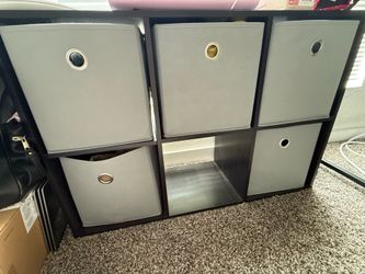 Black 6 cubby shelf with 5 boxes!