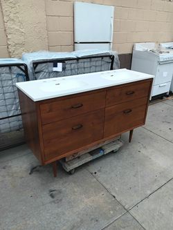 Mcm teak 4-drawer double sink vanity w/ engineered top 56-inch