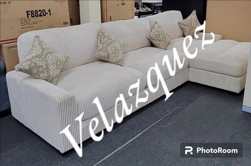 ✅️ 3 pc beige wide welt corduroy fabric modular sectional sofa chaise✅️✅️