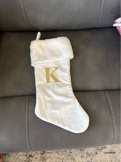 New Without Tags Full Size Soft White Gold Letter K Christmas Holiday Stocking Decoration
