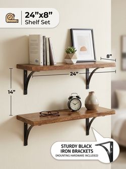 24" x 8" Rustic Floating Wall Shelves (Set of 2) – Solid Wood Display Shelves with Curved Black Metal Brackets for Living Room, Bedroom, Kitchen & Bat