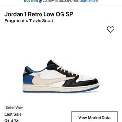 Jordan 1 Low Fragment Travis Scott Size 10 (BRAND NEW)