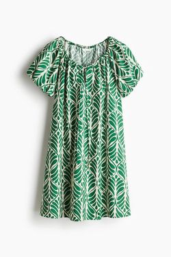 H&M Drawstring Neck Dress in White/Green women's size M medium short sleeve midi