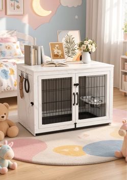 Piskyet Wooden Dog Crate Furniture with 360°Rotatable Removable Dog Bowls, Dog Crate End Table with Tray, Double Doors Dog Kennels for XLarge Dogs