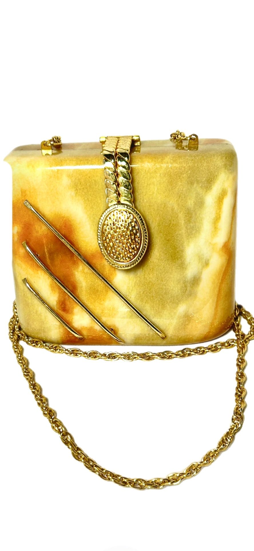Y &S hard sided marbled look clutch cross body purse with gold chain. vintage