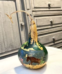 **VINTAGE** Handpainted Gourd - Northeast America Scene - Moose - Cabincore