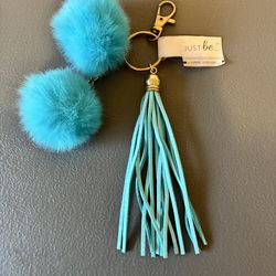 TURQUOISE KEYCHAIN, BAG CHARM W/ LEATHER TASSELS, POM POMS LOBSTER CLASP - GOLD