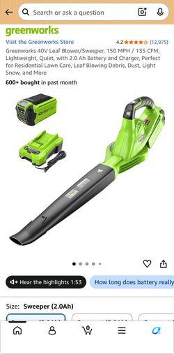 Greenworks 40V Leaf Blower/Sweeper, 150 MPH / 135 CFM, Lightweight, Quiet, with 2.0 Ah Battery and Charger, Perfect for Residential Lawn Care, Leaf Bl