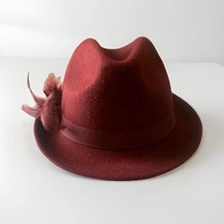 Red Wine Burgundy Felt Fedora Feather Band One Size Os