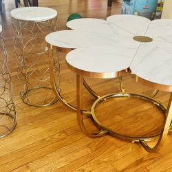 3 Piece Set: Faux Marble/gold Petal Shaped Coffee Table And 2 Marble/gold End Tables