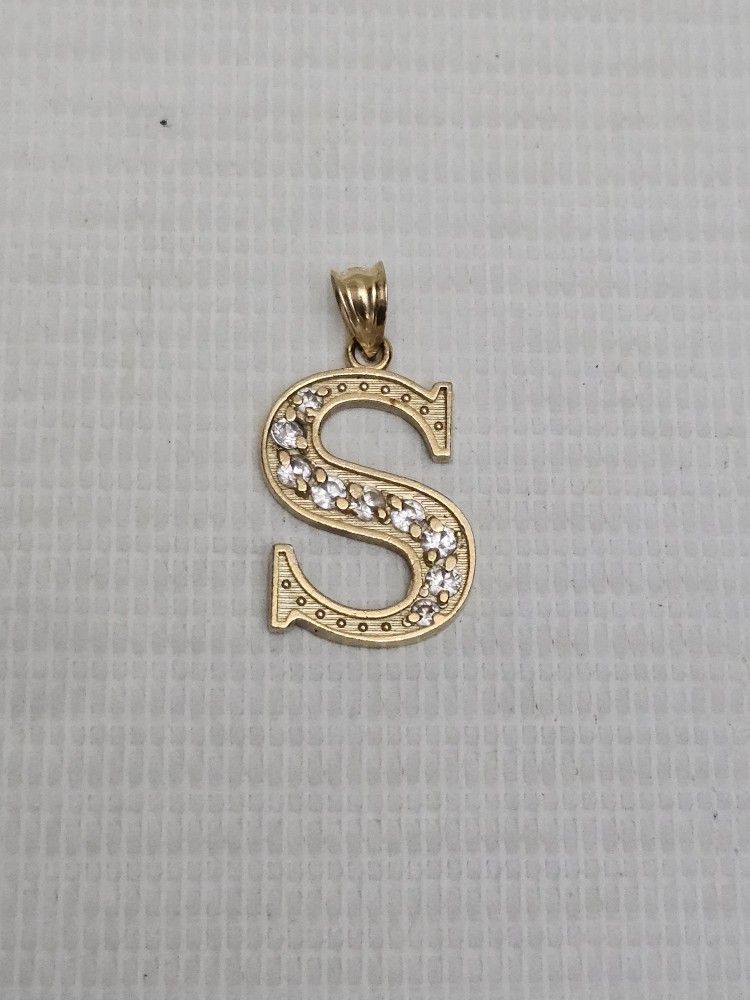 10K Solid Yellow Real Gold Block Initial Letter S Charm Pendant w Diamonds